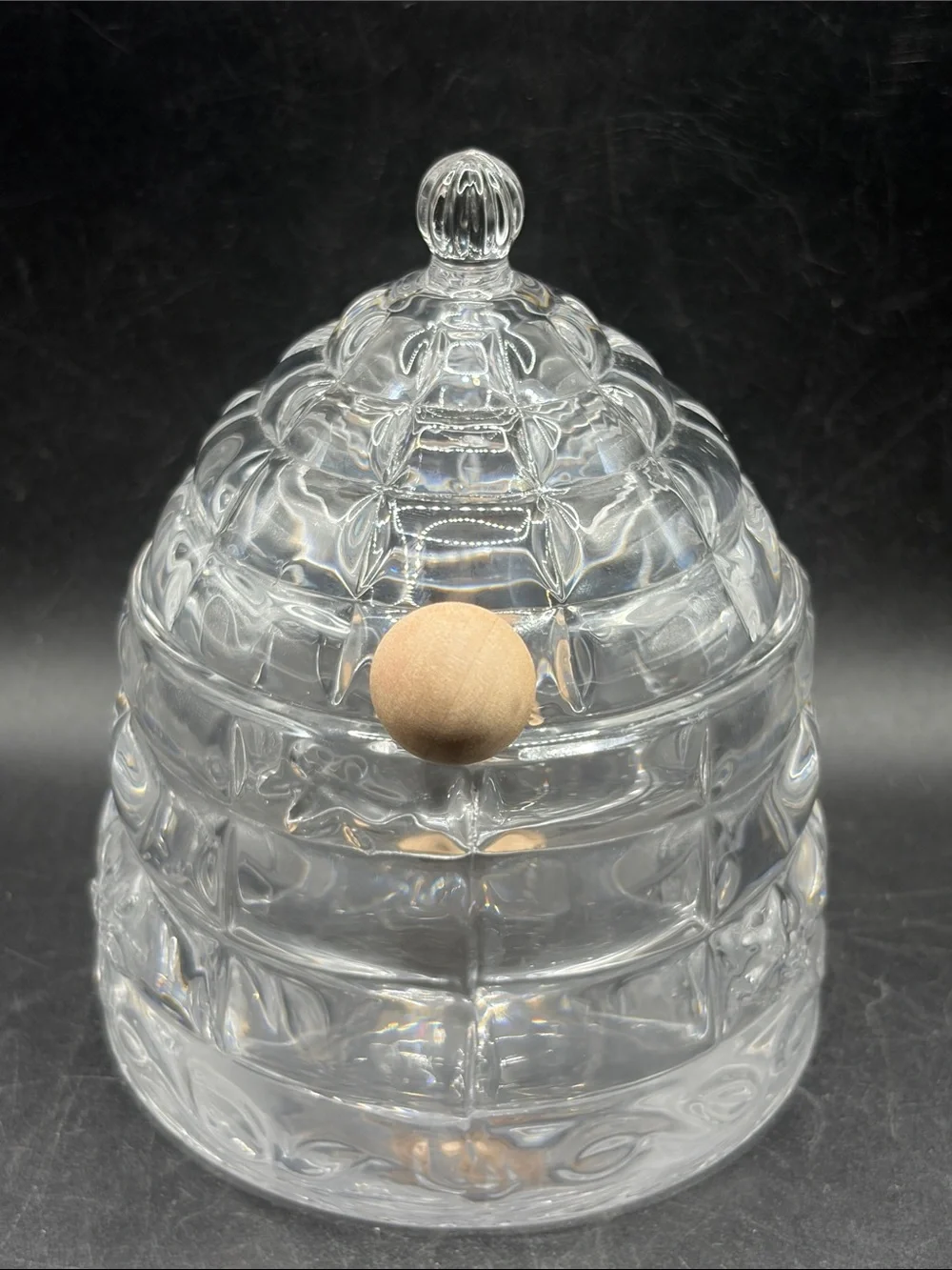Crystal Beehive Honey Jar with Wooden Honey Dipper, Lidded Cottagecore Bee Jar